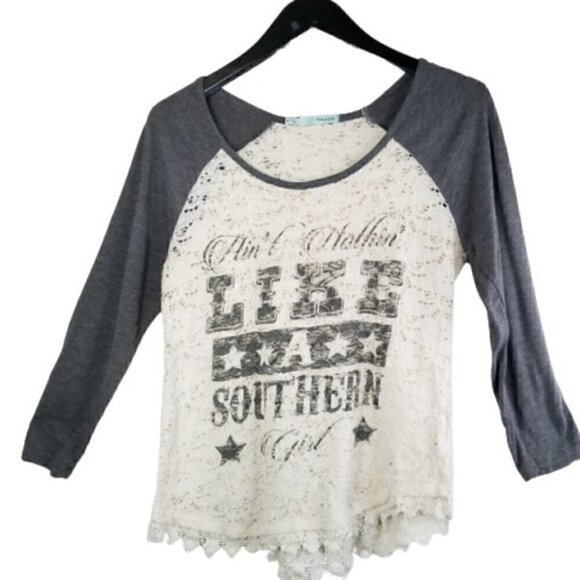 4/$25 Maurices Southern Girl Raglan Lace Shirt - Picture 1 of 6